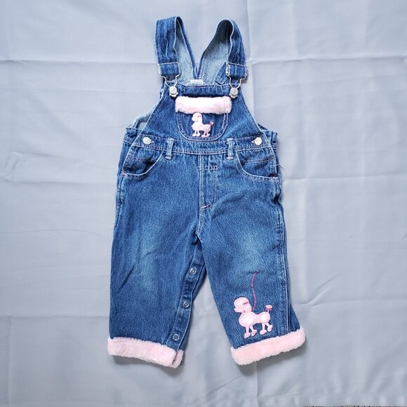 Carter's Other - Rare Vintage Y2K Overalls Blue Denim Pink Fur Trim Baby Girls 18 Mo Poodle Dog